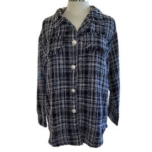 Spoon Jeans blouse button down woven look fringed Pearl/rhinestone size medium